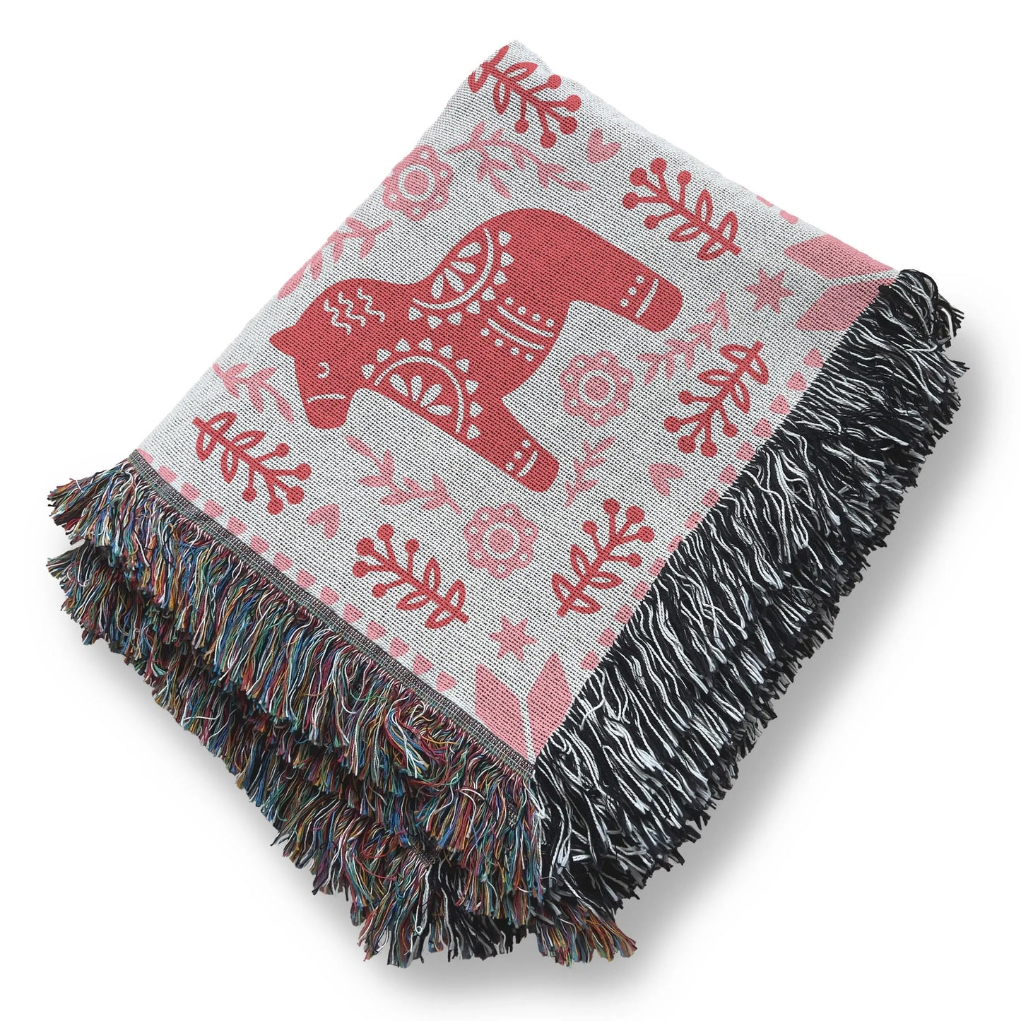Dala Horse Blanket – Scandinavian Woven Throw | Cozy Nordic Bedspread Gift