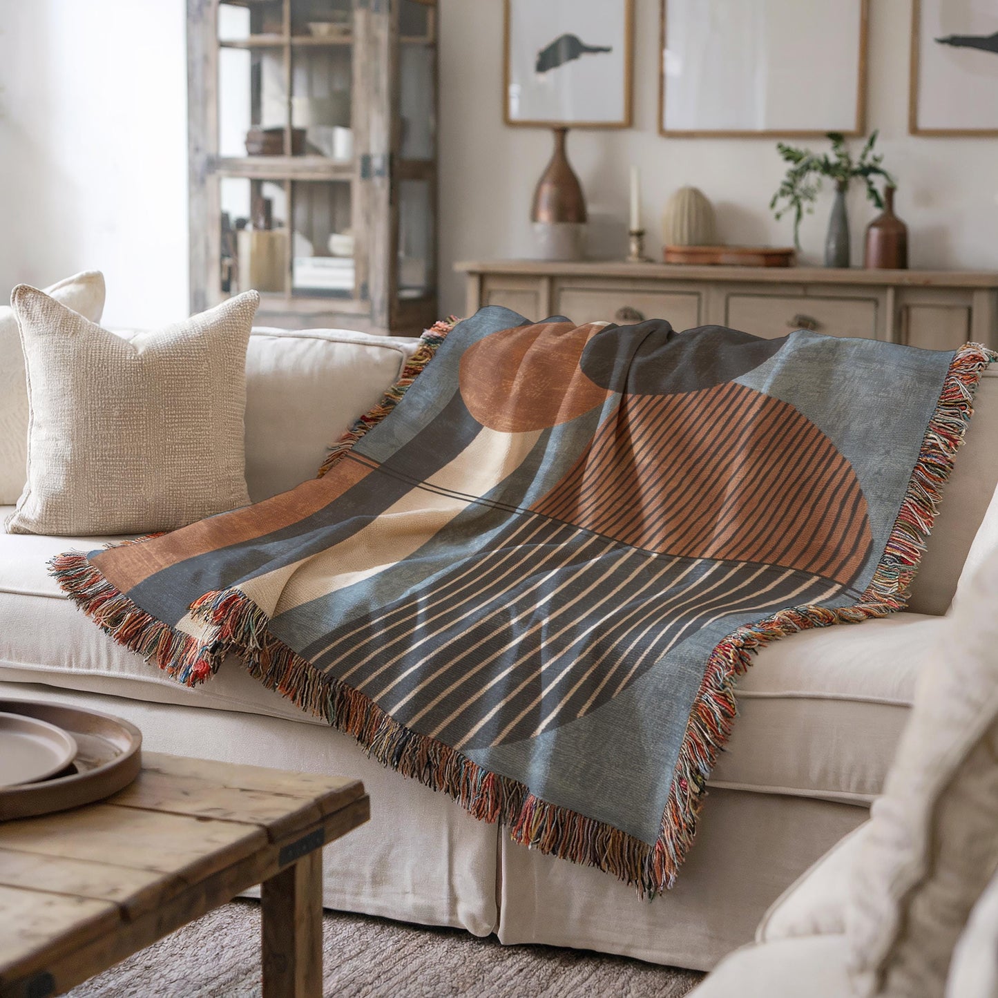 Woven Cotton Blanket - Modern MCM Blue Rust Brown Throw with Colorful Fringed Edges