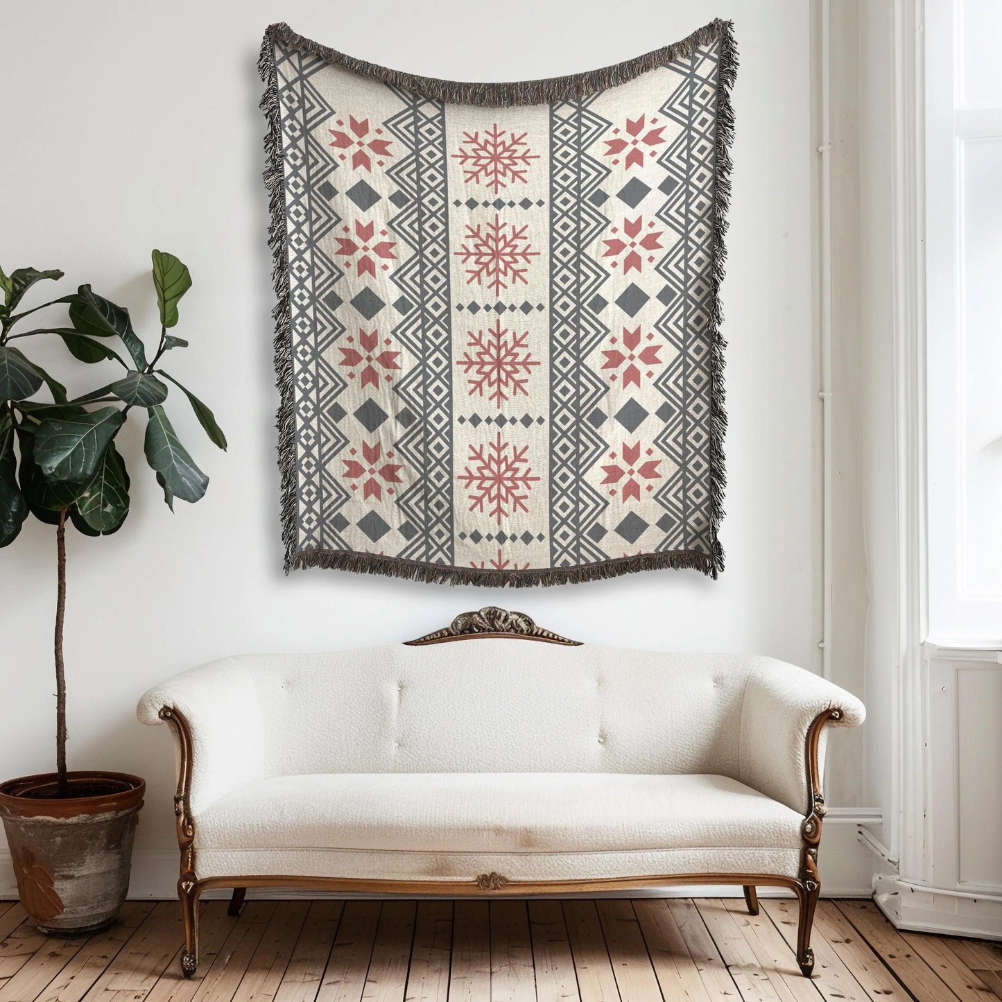 Scandi Woven Blanket – Cotton Throw Blanket with Snowflake Pattern, Cozy Winter Throw