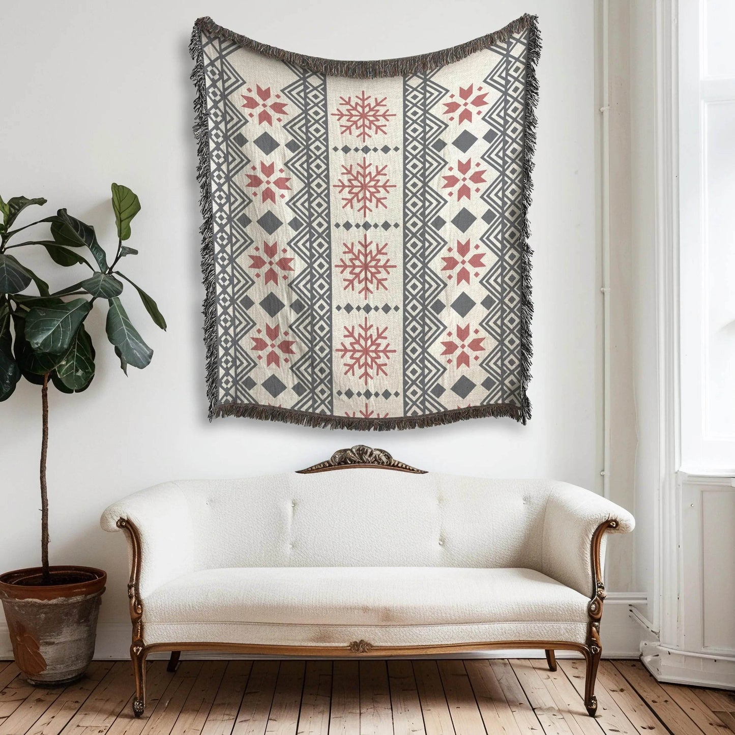 Scandi Woven Blanket – Cotton Throw Blanket with Snowflake Pattern, Cozy Winter Throw - timelessbohochic.com