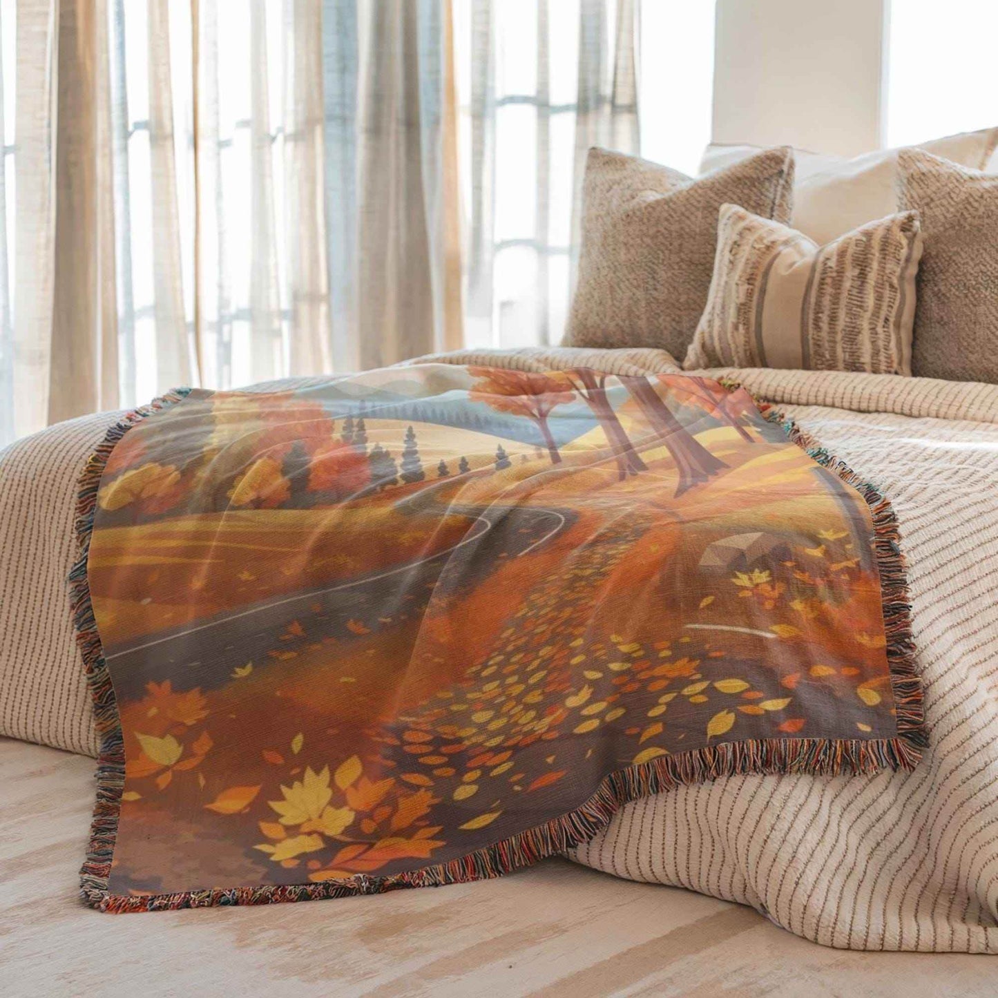 Woven Fall Blanket - Cozy Cotton Throw With Fringed Edge, Autumn Decor - timelessbohochic.com