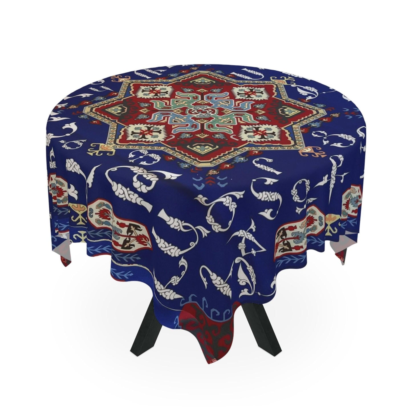 Armenian Art Tablecloth - Blue White Armenian Alphabet Cloth | Unique Ethnic Dining Decor