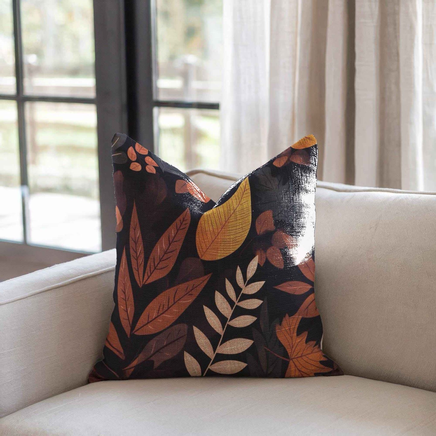 Leaf Print Pillow Cover - Rustic Fall Throw Pillow | Woven Cotton Cushion 17x18"