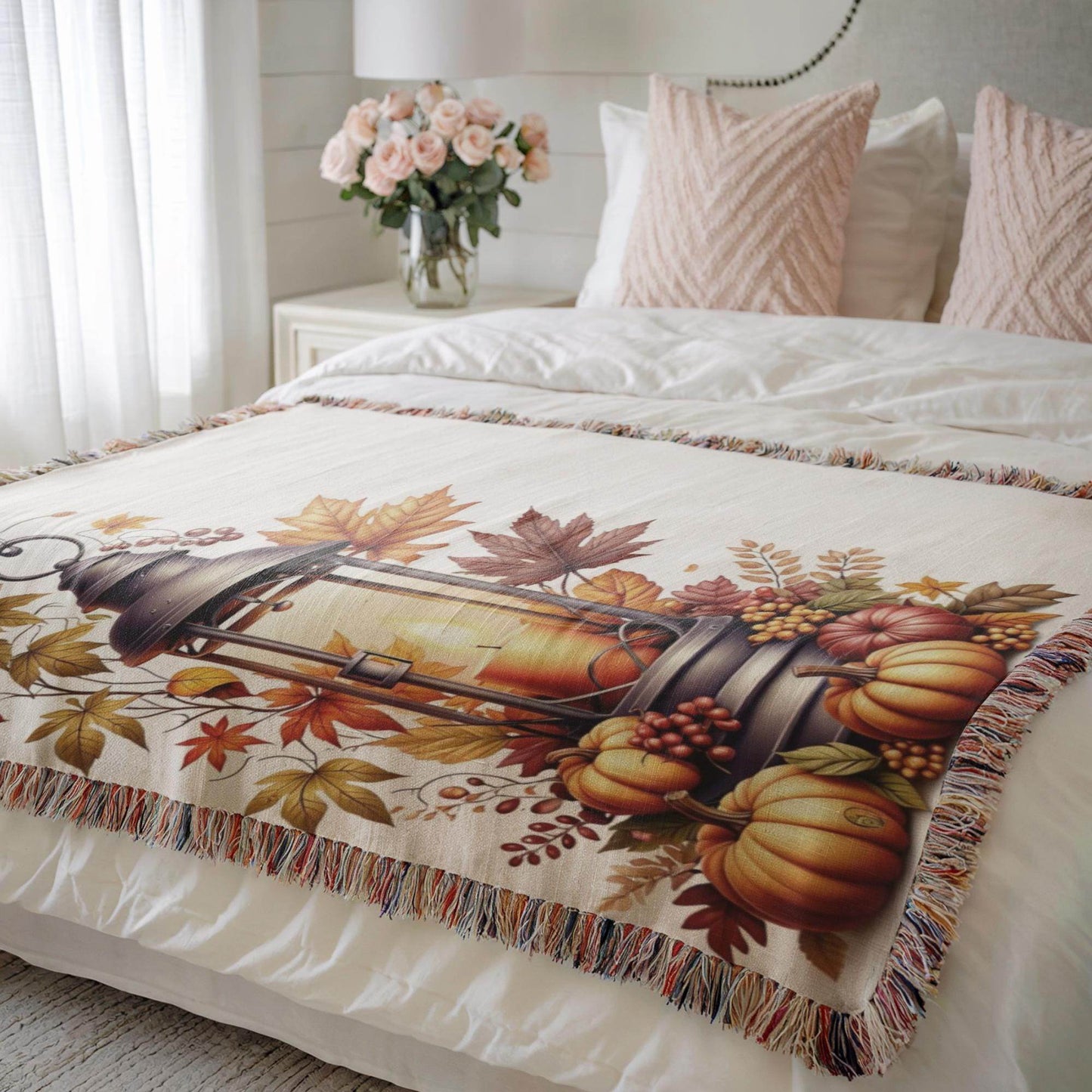 Fall Throw Blanket – Cozy Bedroom Throw with Pumpkin Decor & Lantern Autumn Design - timelessbohochic.com