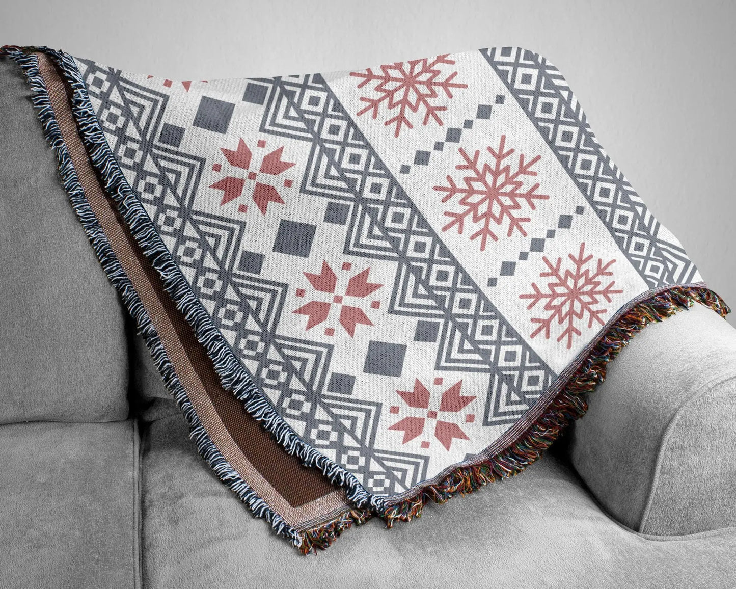 Scandi Woven Blanket – Cotton Throw Blanket with Snowflake Pattern, Cozy Winter Throw