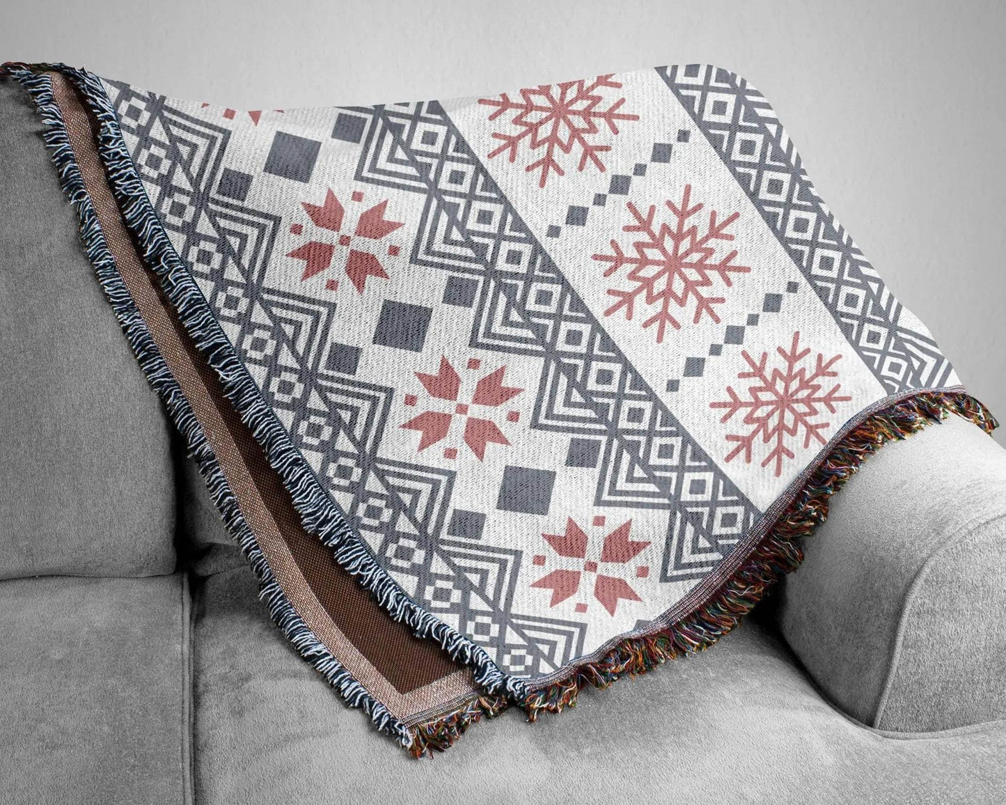 Scandi Woven Blanket – Cotton Throw Blanket with Snowflake Pattern, Cozy Winter Throw - timelessbohochic.com