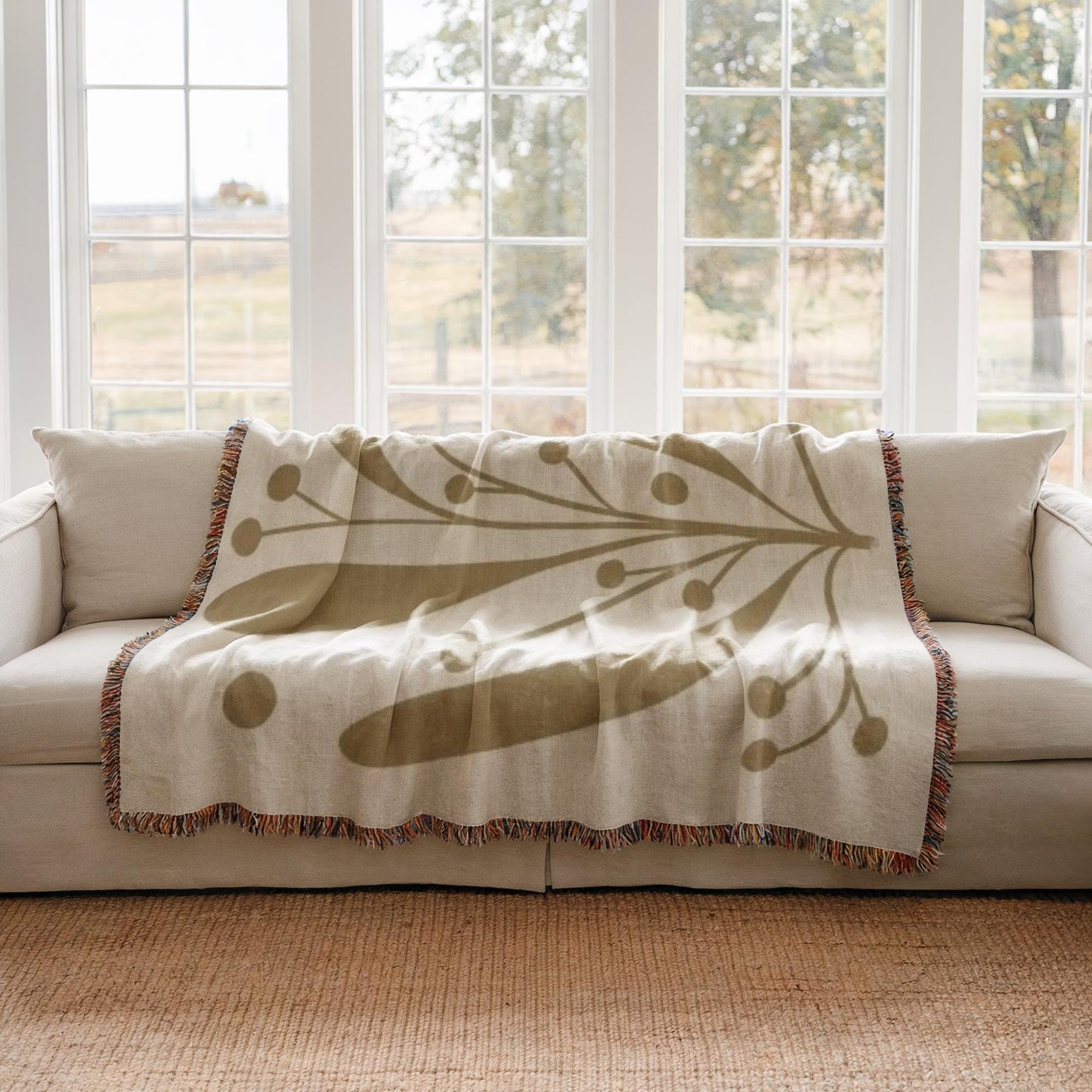 Mid Century Modern Blanket - Woven Cotton Throw With Botanical Pattern & Colorful Fringed Edges