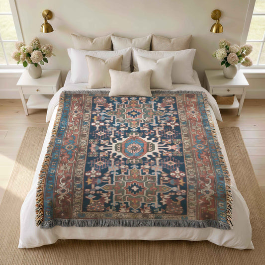 Anatolian Inspired woven blanket with rug-style pattern styled for layered home decor