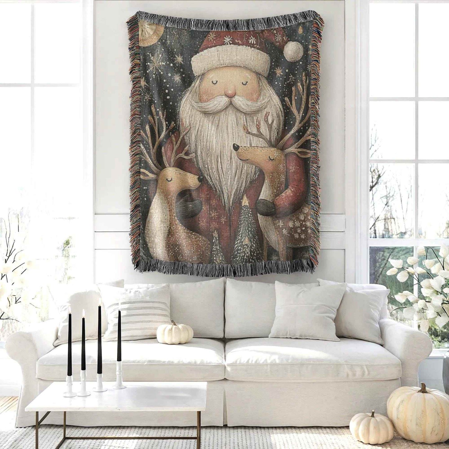 Christmas Woven Blanket – Cozy Cotton Throw with Santa Claus Reindeer Design - timelessbohochic.com