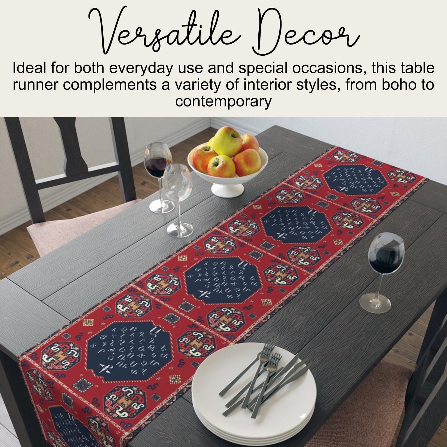 Armenian Table Runner – Cotton Boho Table Linen with Armenian Alphabet Decor