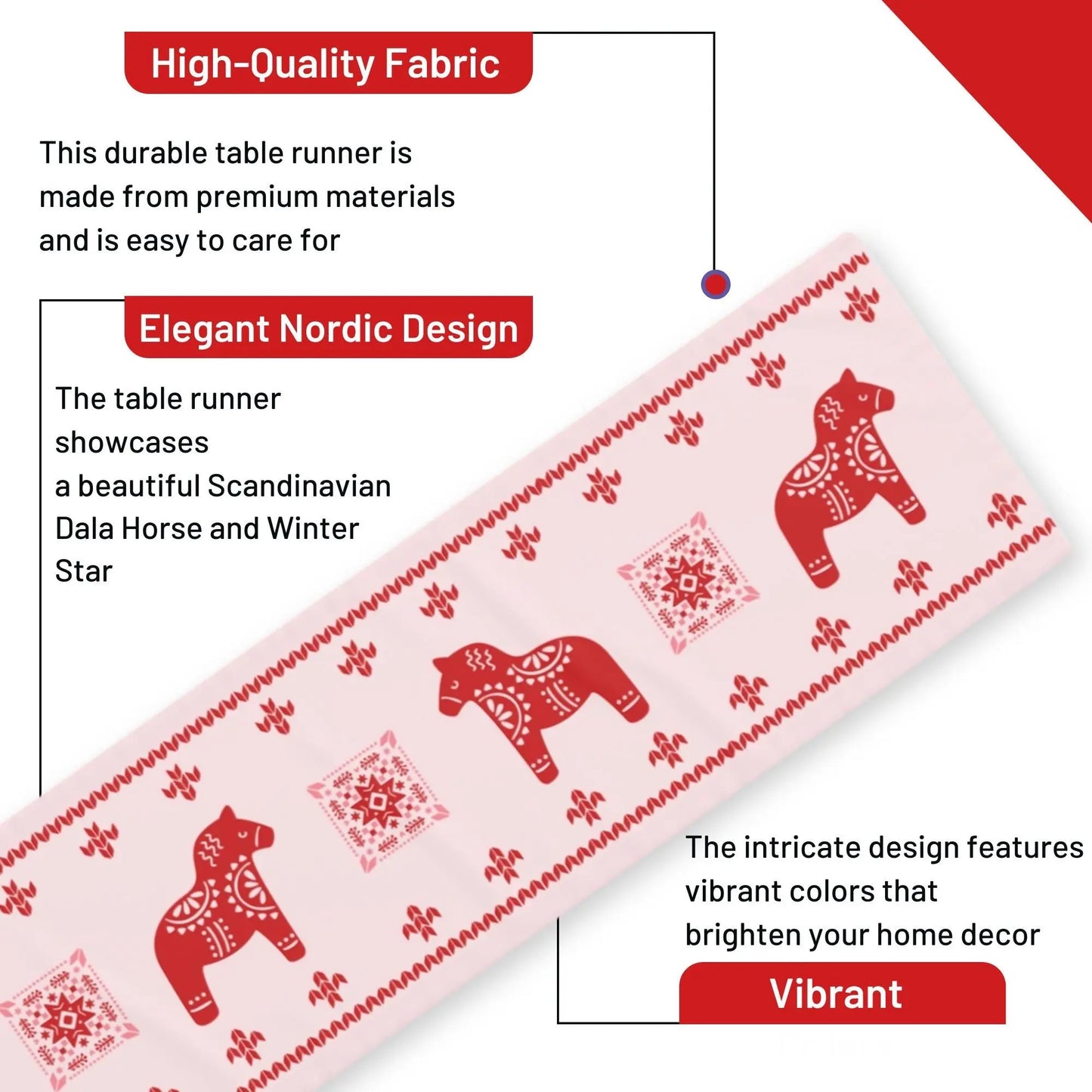 Scandinavian Table Runner – Nordic Christmas Decor with Dala Horse & Winter Star Pattern