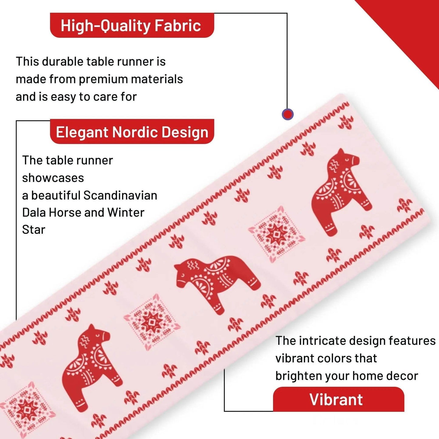 Scandinavian Table Runner – Nordic Christmas Decor with Dala Horse & Winter Star Pattern - timelessbohochic.com