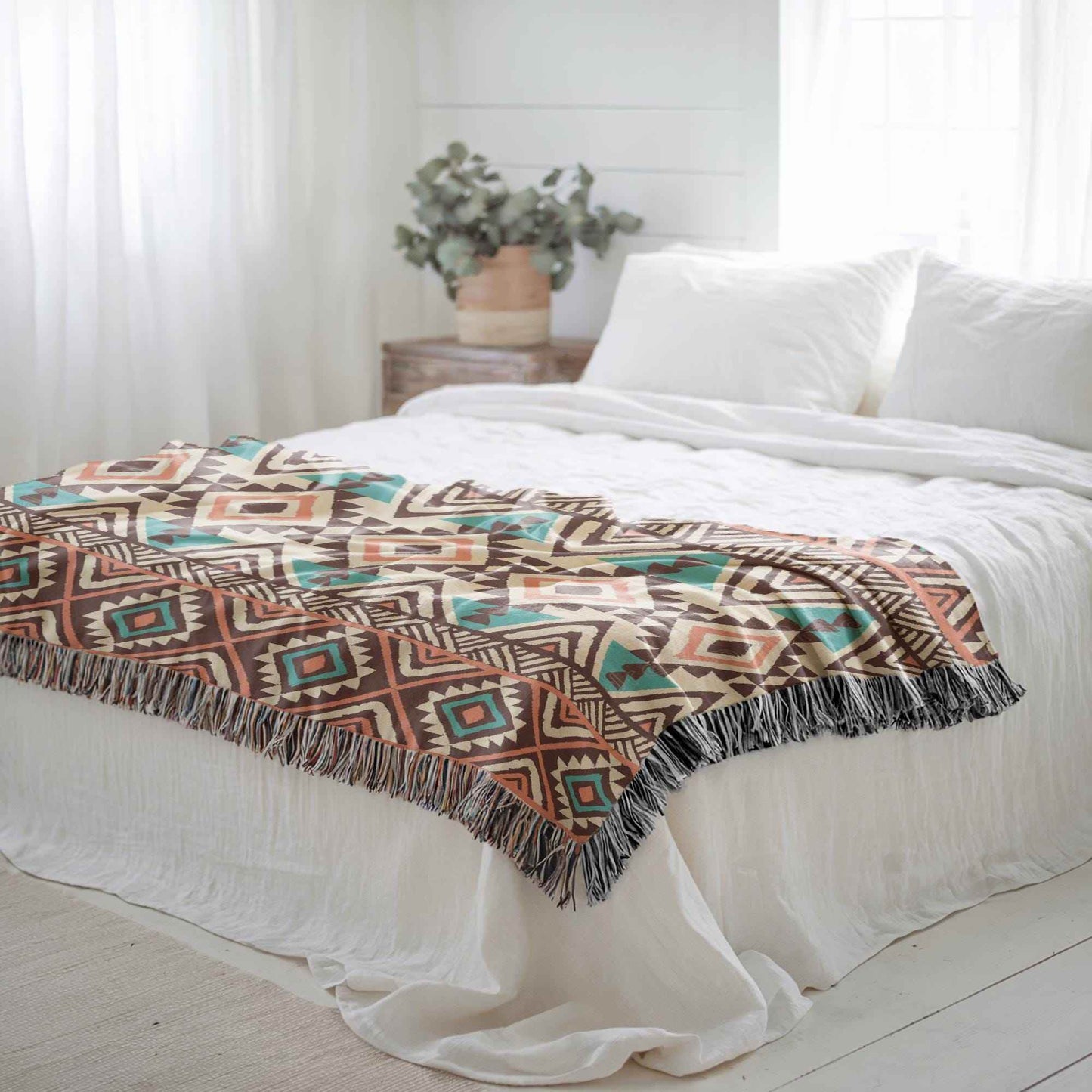 Tribal Patterned Throw Blanket – Woven Cotton Navajo Style, Soft Warm Coverlet - timelessbohochic.com