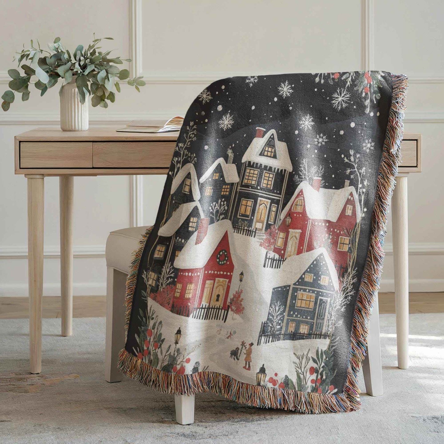 Holiday Cotton Tapestry – Christmas Village Decor | Festive Woven Blanket Throw - timelessbohochic.com