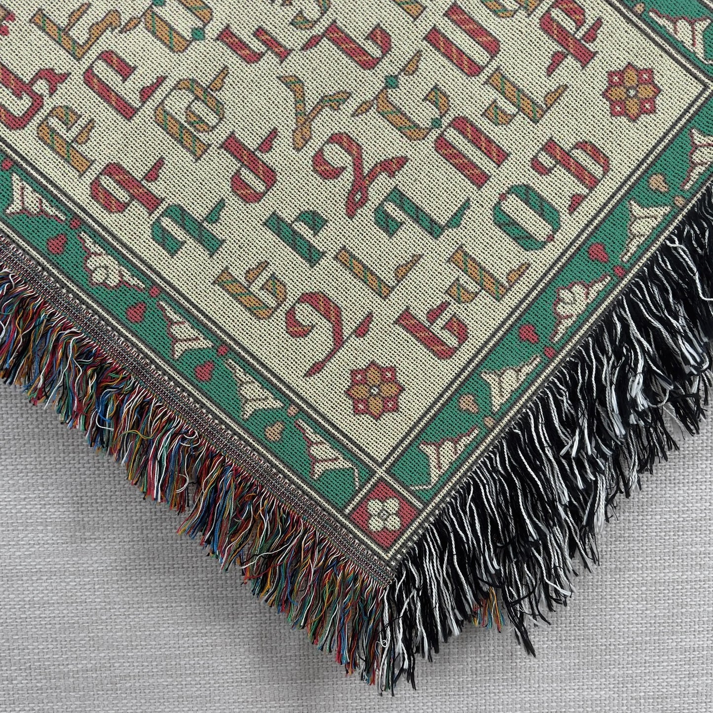 Green Woven Throw - Armenian Alphabet Blanket | Cozy Cotton Bedspread Quilt