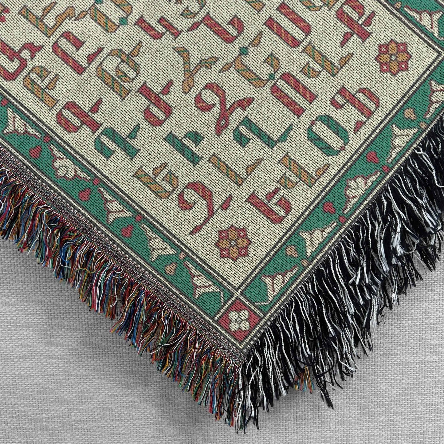 Green Woven Throw - Armenian Alphabet Blanket | Cozy Cotton Bedspread Quilt - timelessbohochic.com