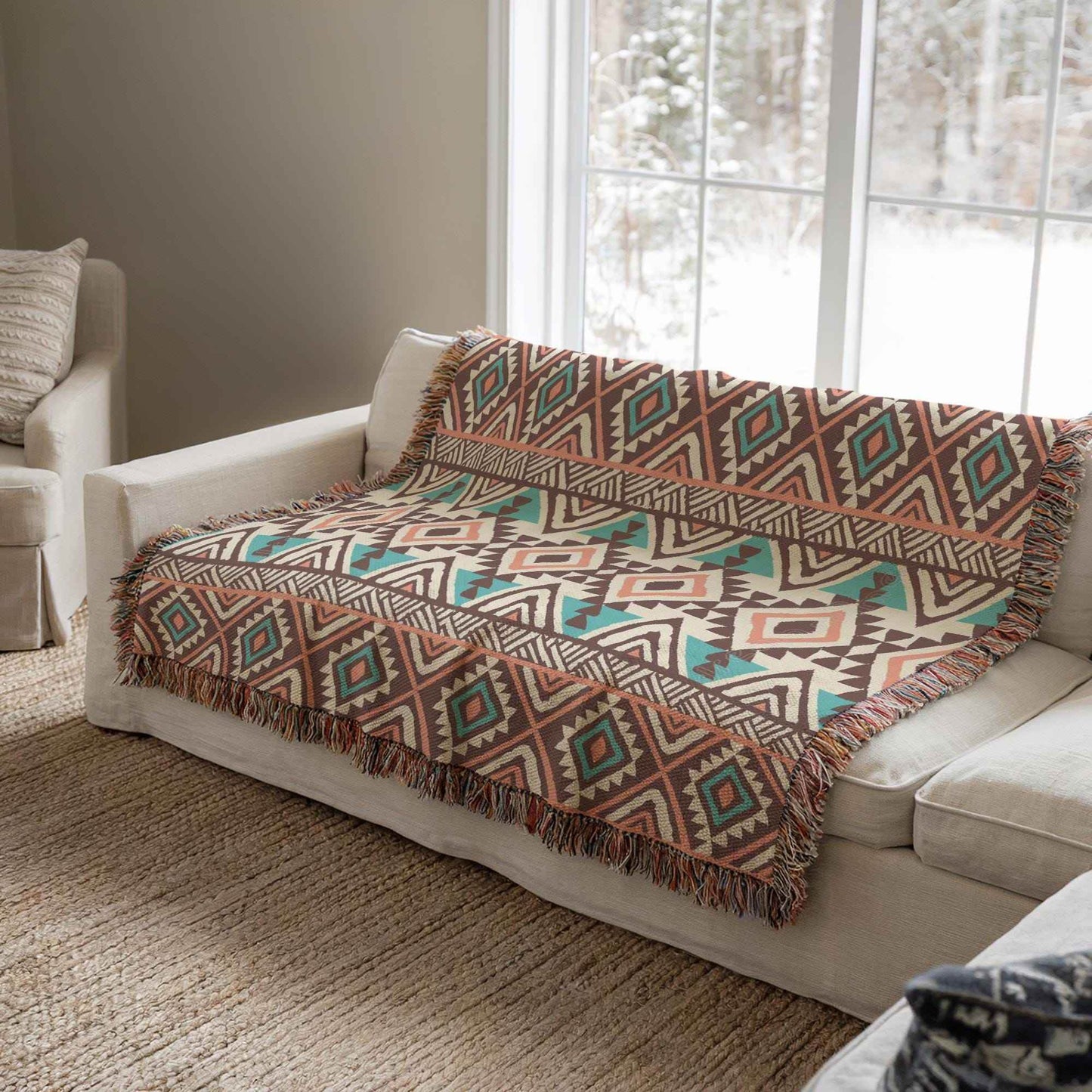 Navajo Blanket - Cozy Southwestern Throw With Geometric Pattern & Fringed Edge - timelessbohochic.com