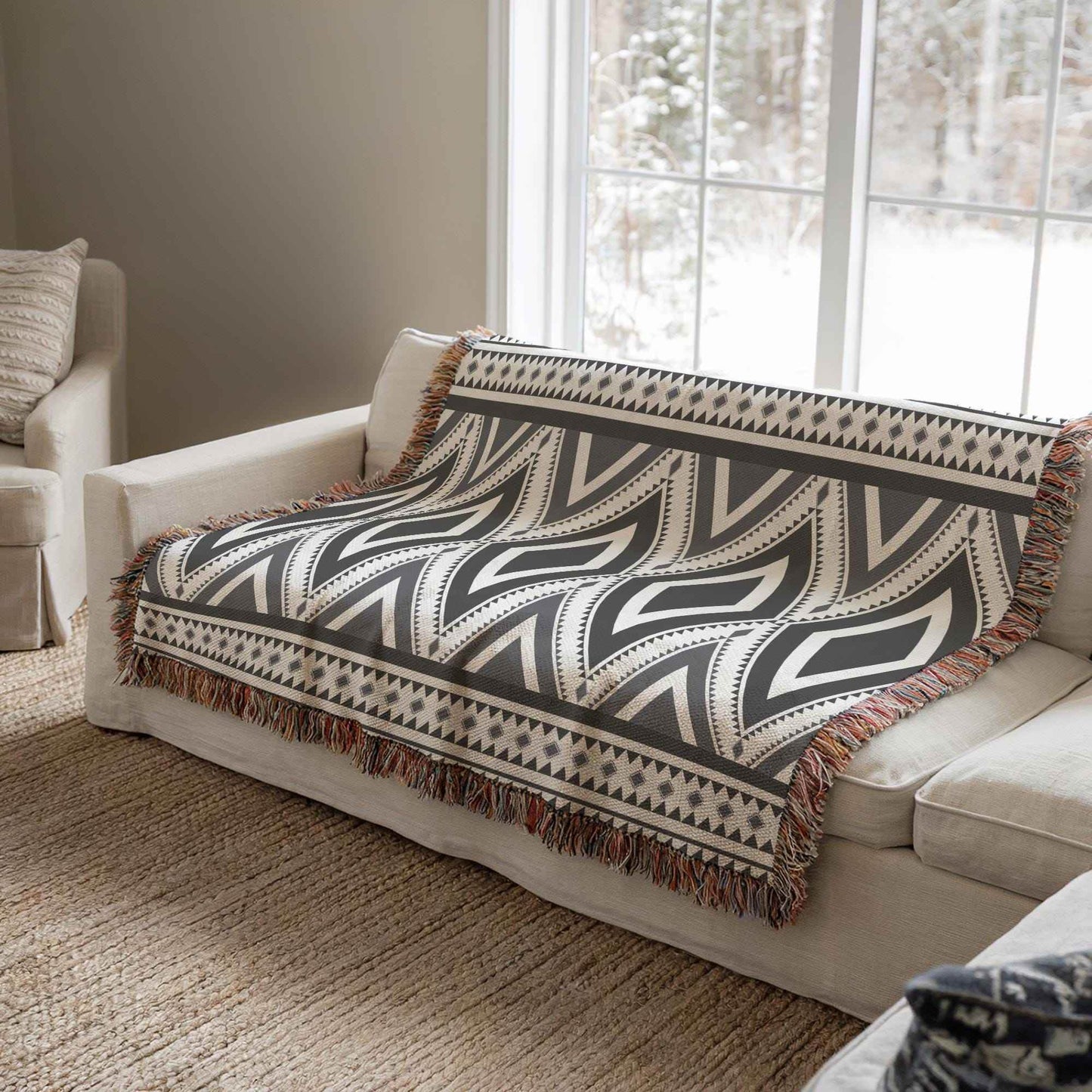 Navajo Cotton Throw Blanket - Geometric Design with Fringed Edge for Rustic Boho Decor - timelessbohochic.com