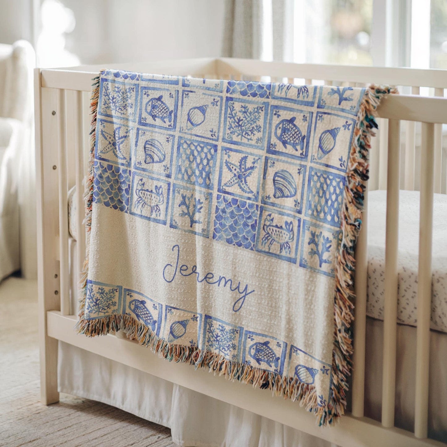 Personalized Baby Blanket - Custom Woven Ocean Nursery Decor | Sea Creatures Design, Cotton Quilt