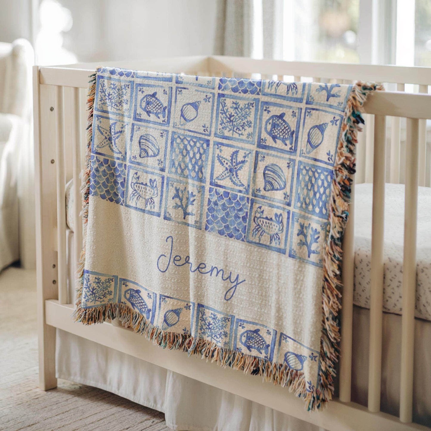Personalized Baby Blanket - Custom Woven Ocean Nursery Decor | Sea Creatures Design, Cotton Quilt - timelessbohochic.com