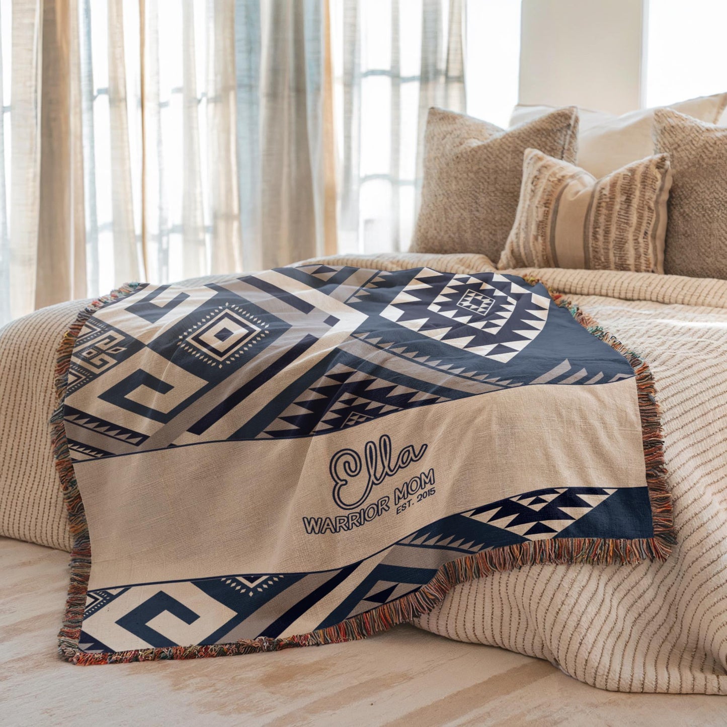 Woven Aztec Blanket - Soft Cotton Throw With Tribal Geometric Design & Colorful Fringe