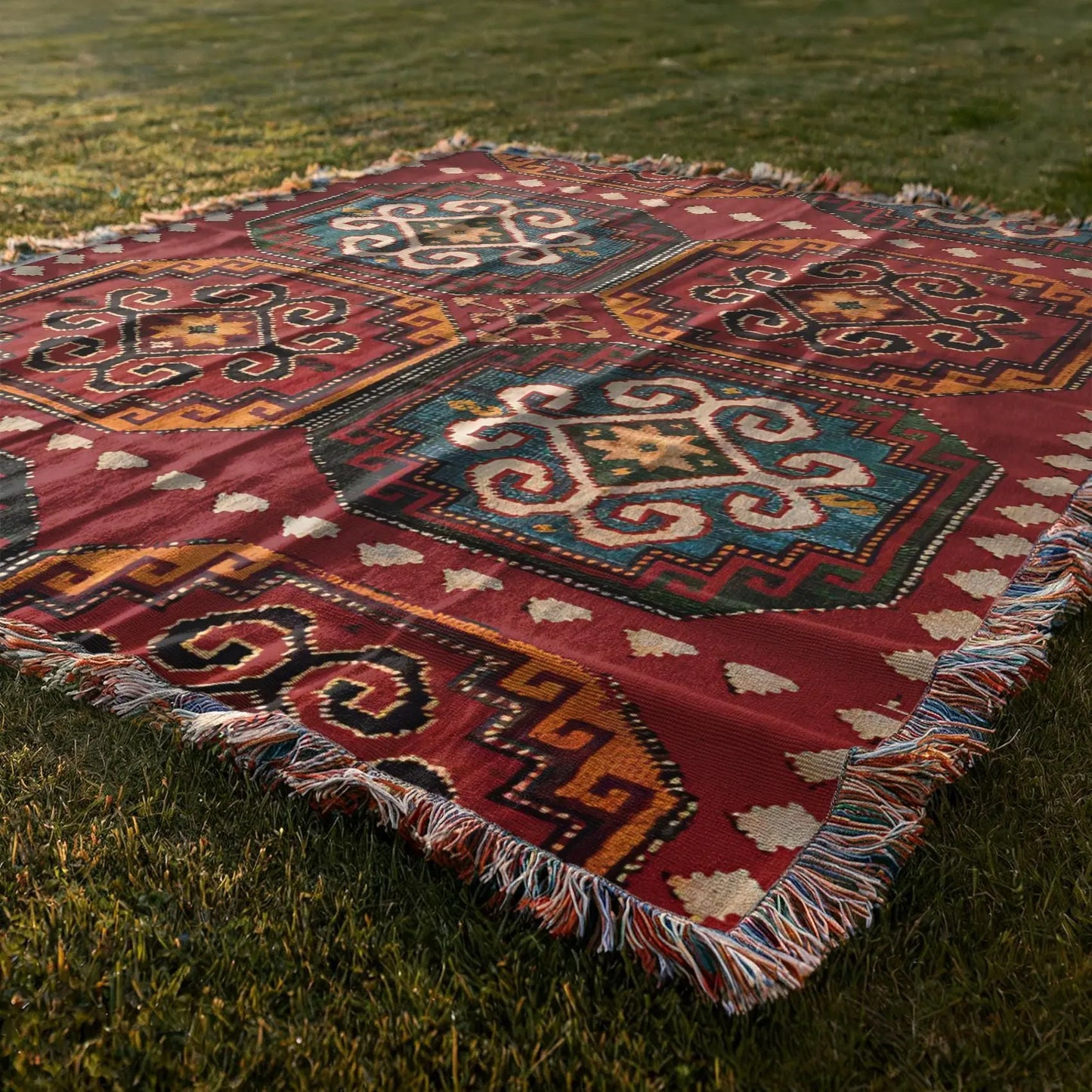 Woven Blanket - Turkish Throw With Anatolian Pattern & Colorful Fringed Edges