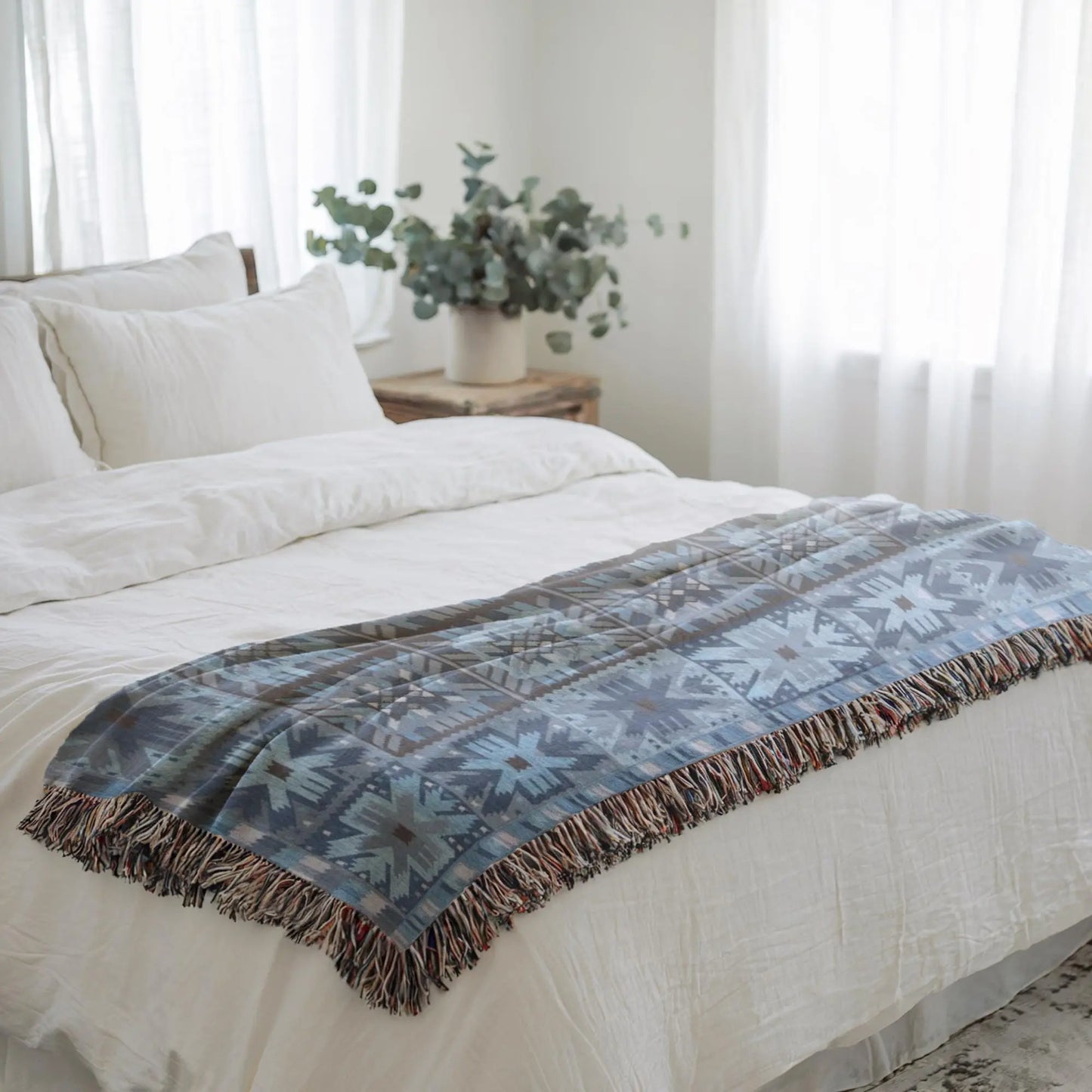 Scandi Woven Blanket – Cozy Bed Throw With Fringed Edge, Nordic Bedding Decor
