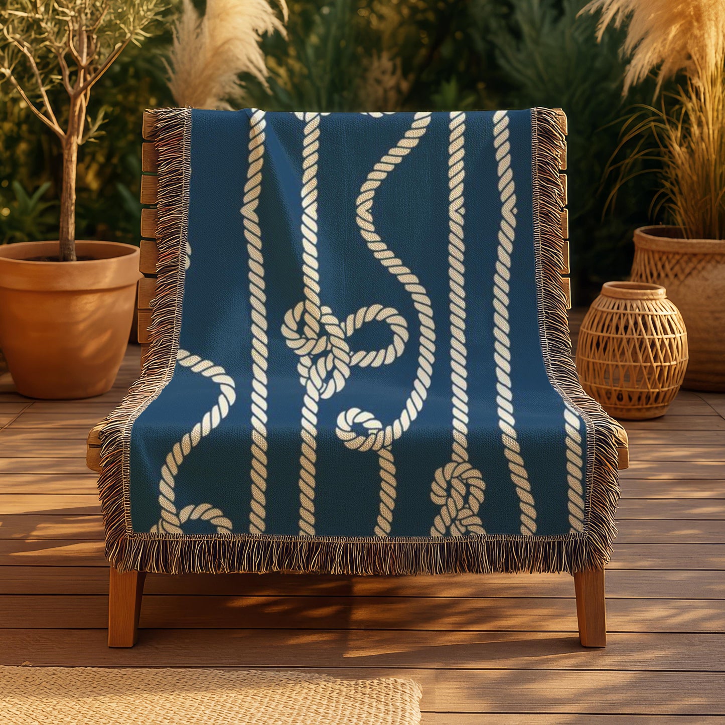 Marine Woven Blanket – Nautical Cord Throw With Colorful Fringed Edges
