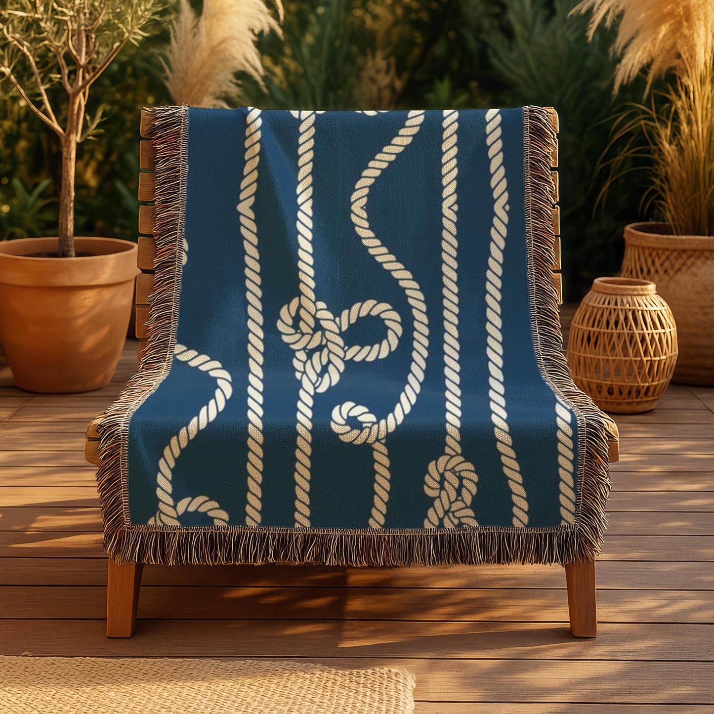 Marine Woven Blanket – Nautical Cord Throw With Colorful Fringed Edges - timelessbohochic.com