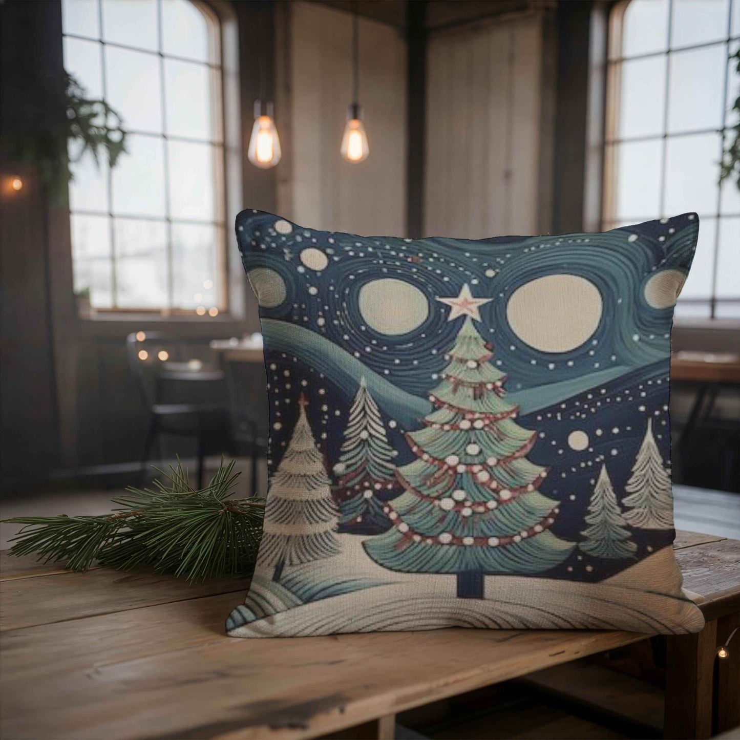 Christmas Throw Pillow - Handwoven Folk Art Cushion with Forest Landscape Design - timelessbohochic.com
