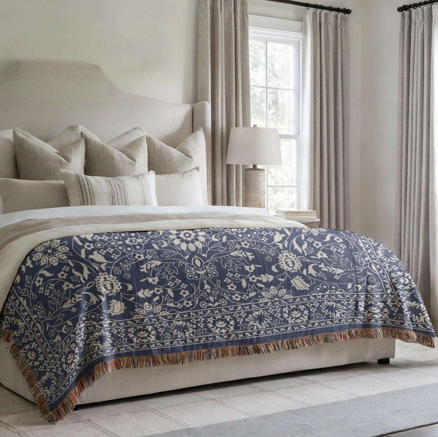 Persian Rug Throw - Boho Style Dark Blue Blanket | Handmade Woven Cotton Throw