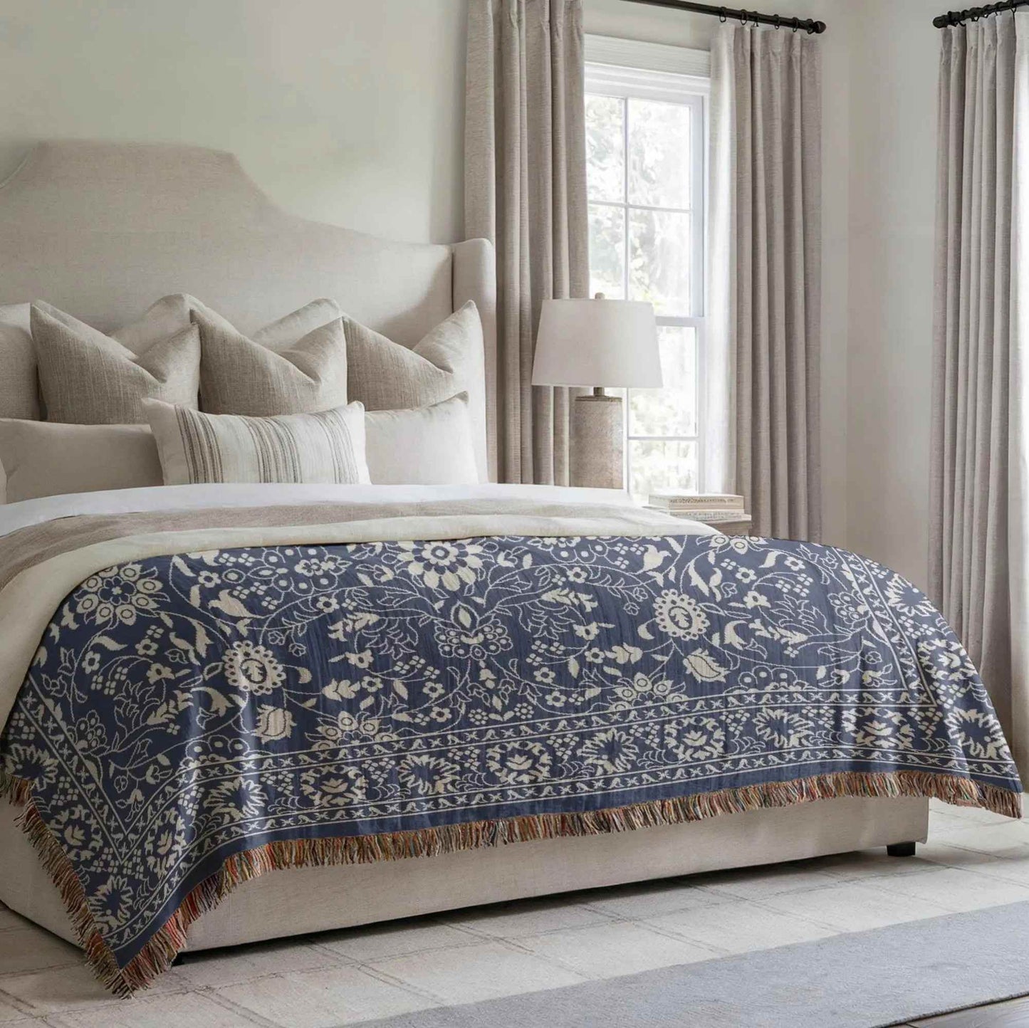 Persian Rug Throw - Boho Style Dark Blue Blanket | Handmade Woven Cotton Throw - timelessbohochic.com