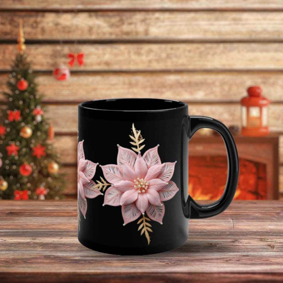 Holiday Ceramic Mug – Pink Poinsettia Glossy Finish Cup | Microwave Safe Gift - timelessbohochic.com