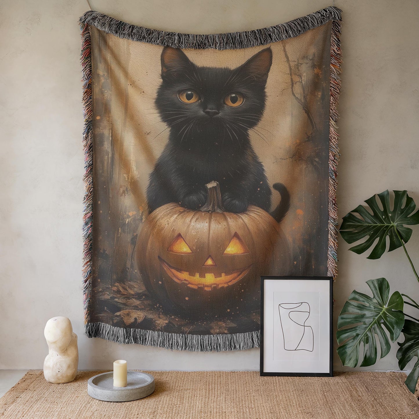 Halloween Woven Tapestry - Cozy Cotton Throw With Cat Pumpkin Design & Fringed Edges