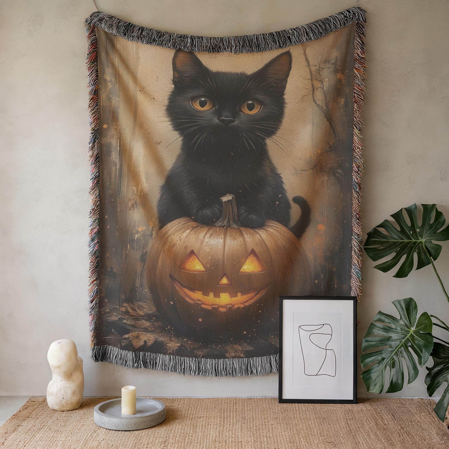 Halloween Tapestry Throw - Cozy Cotton Woven Tapestry with Cat Pumpkin Design & Fringed Edges - timelessbohochic.com