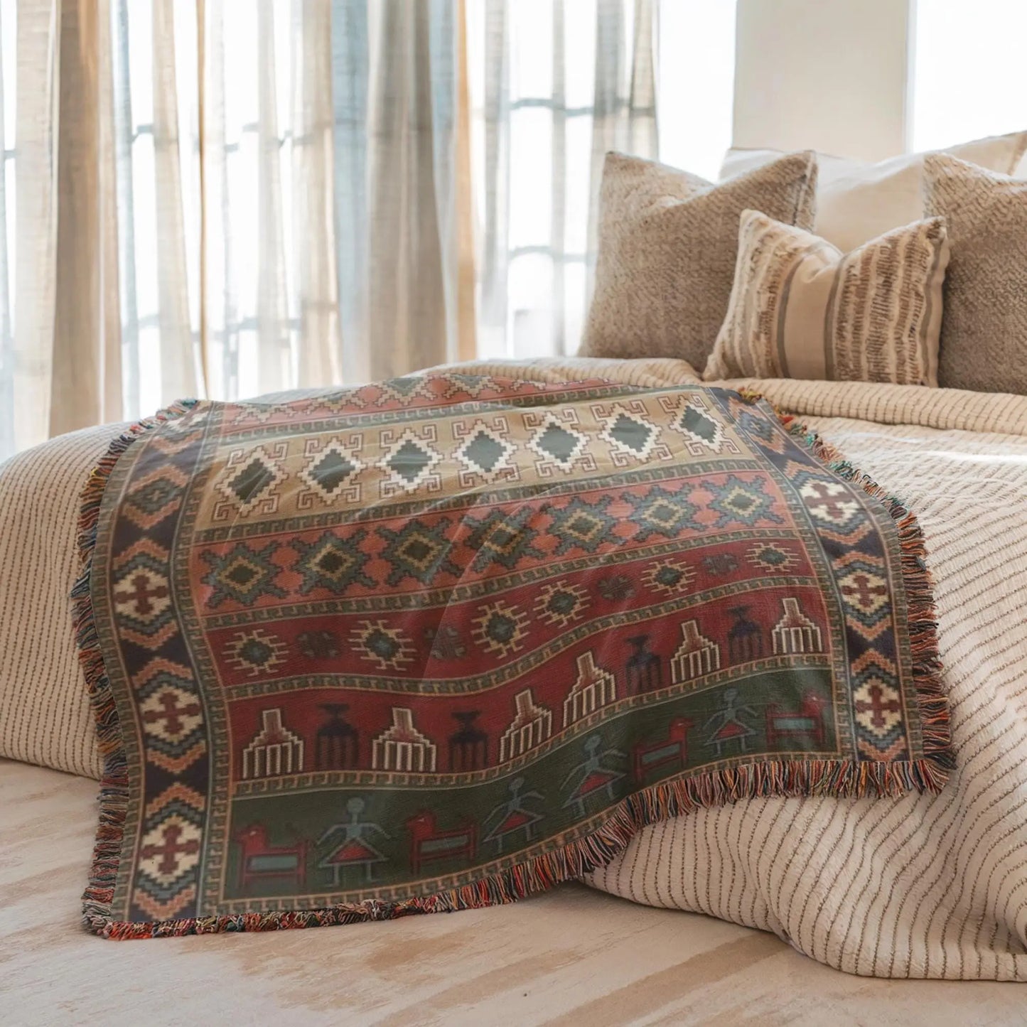 Woven Blanket - Kilim Inspired Blanket With Colorful Fringed Edges | Boho Throw