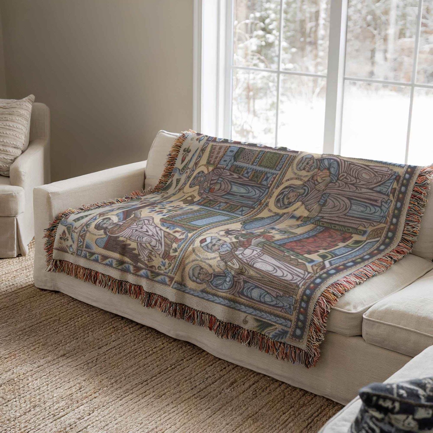 Armenian Tapestry Throw – Faith Inspired Decor With Annunciation Scene Cotton Throw - timelessbohochic.com