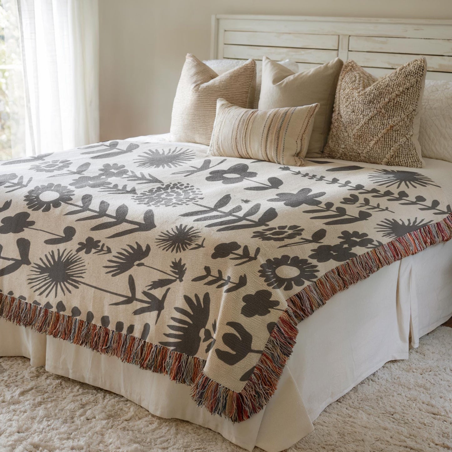 Wildflowers Meadows Blanket - Handmade Woven Throw With Botanical Print, Cozy Cotton