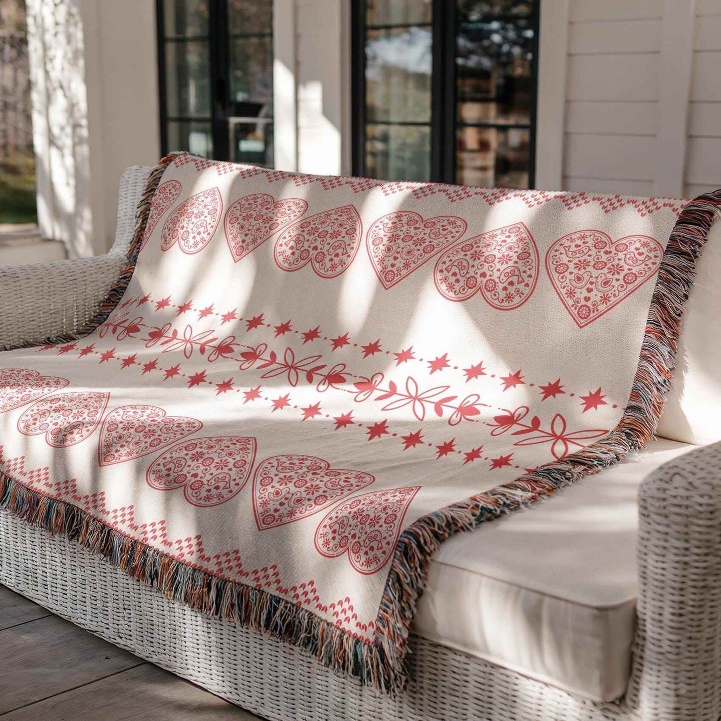 Cotton Throw Blanket - Scandinavian Throw with Red Hearts Design | Soft Cozy Decor - timelessbohochic.com
