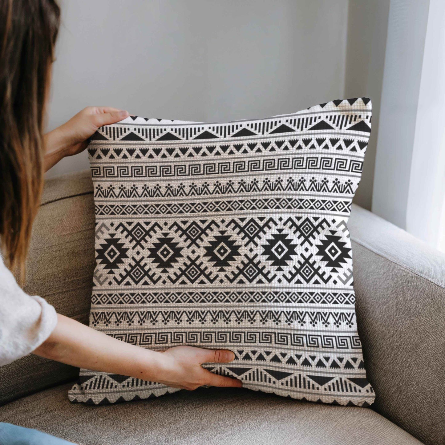 Boho Woven Pillow – Cotton Ikat Pattern Cushion with Fringed Edge Accent - timelessbohochic.com