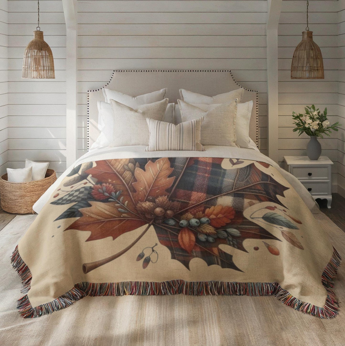 Plaid Fall Blanket – Cozy Cotton Throw with Tartan Leaf Pattern & Fringed Edges