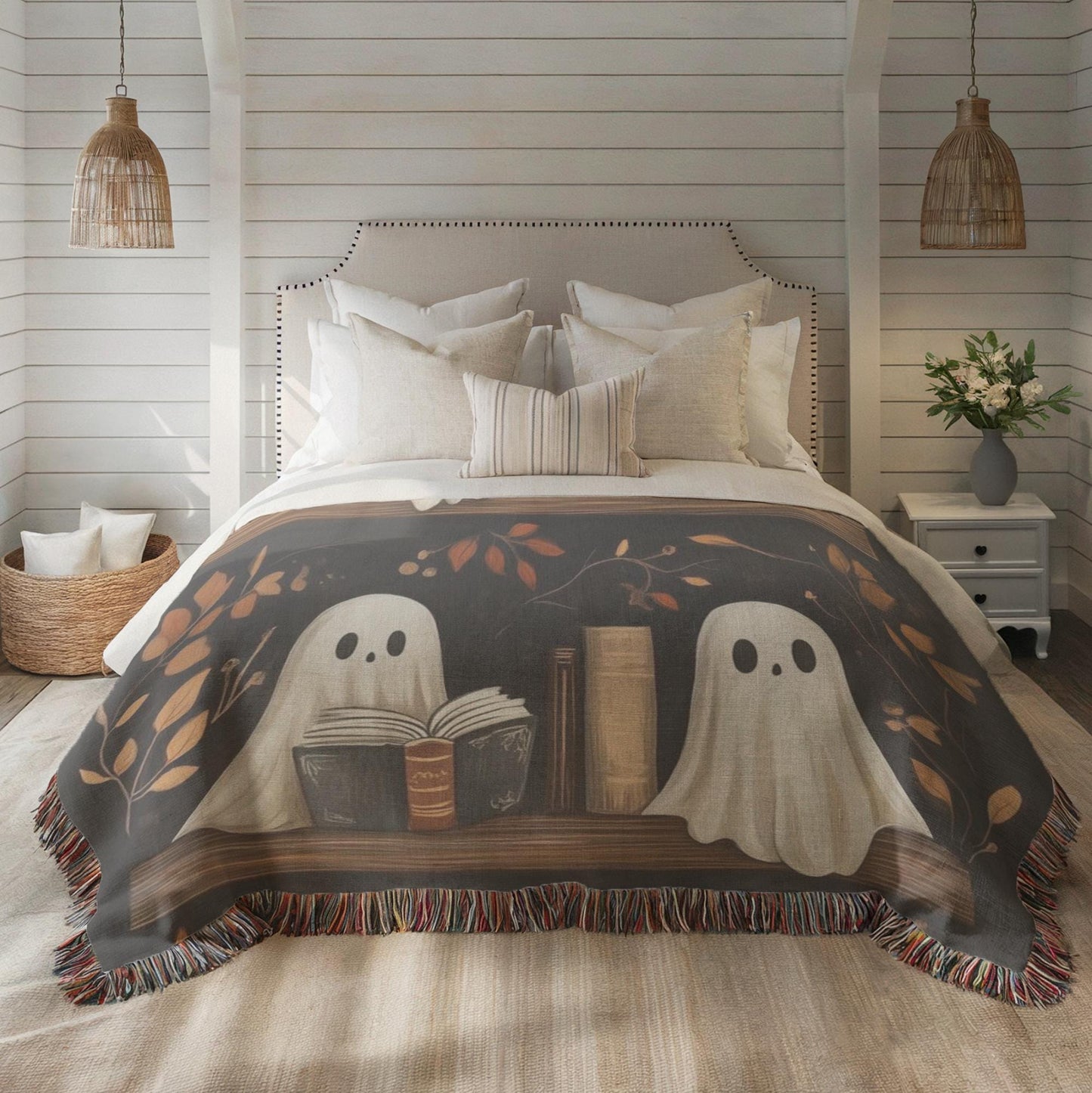 Ghost Blanket Woven Throw – Cozy Cotton Halloween Bedding with Colorful Fringed Edges