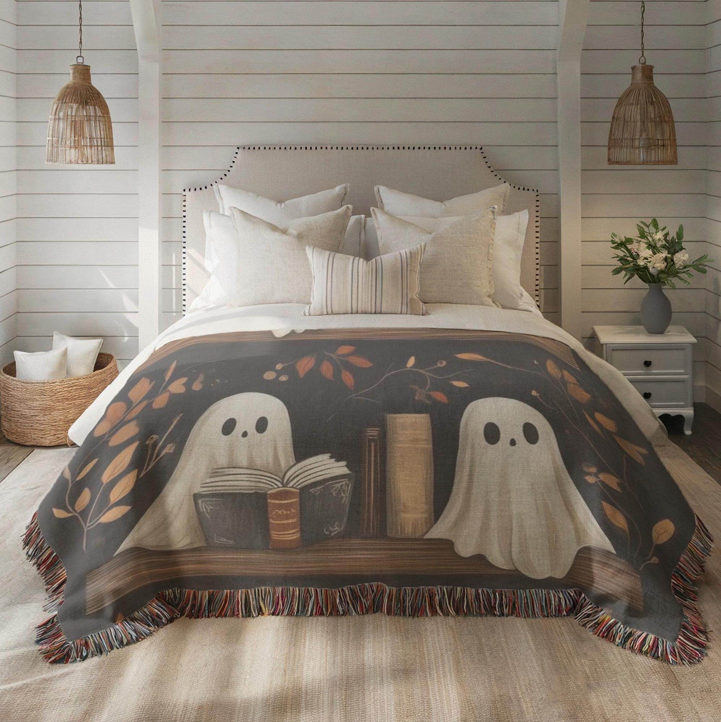 Ghost Blanket Halloween Throw - Cozy Woven Cotton Bedding for Spooky Nights - timelessbohochic.com