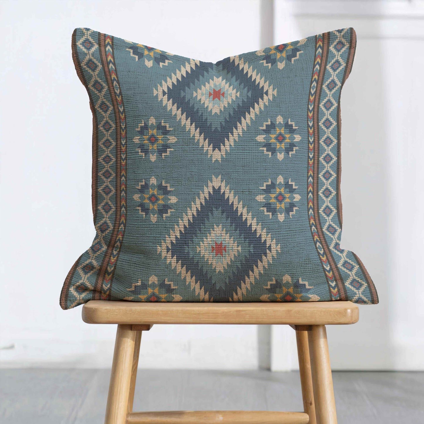 Rustic Navajo Pillow - Woven Cotton Ikat Pattern With Boho Fringe Cushion - timelessbohochic.com