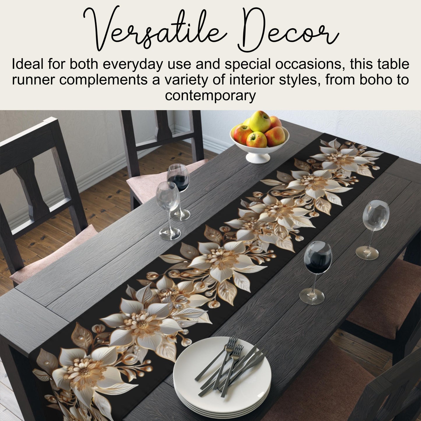 Poinsettia Table Runner - Elegant White Gold Christmas Table Decor & Dining Accent