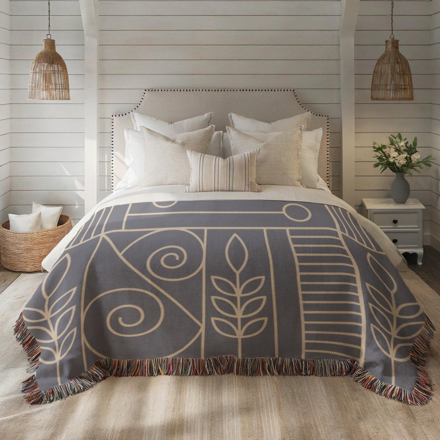 Modern Throw Blanket Set – Geometric Pattern Woven Cotton Blanket with Accent Pillow