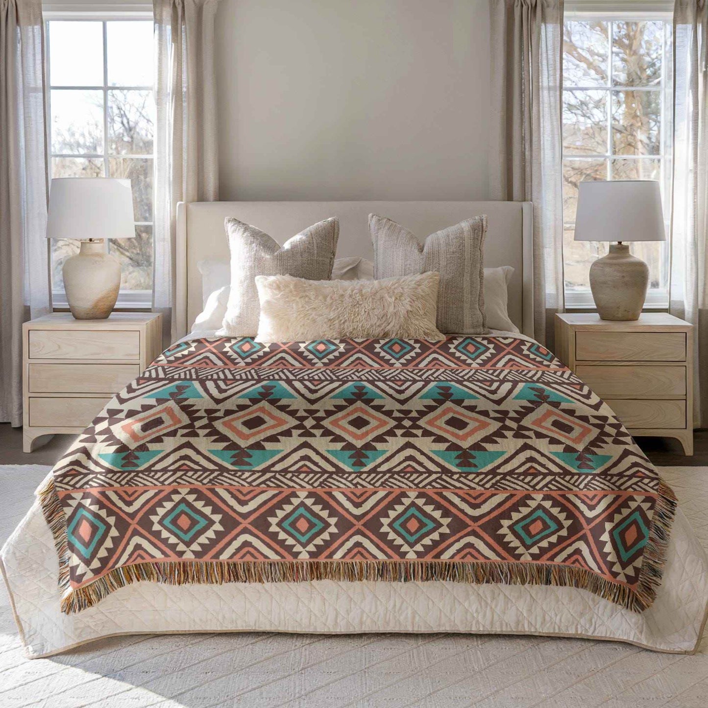 Tribal Patterned Throw Blanket – Woven Cotton Navajo Style, Soft Warm Coverlet - timelessbohochic.com