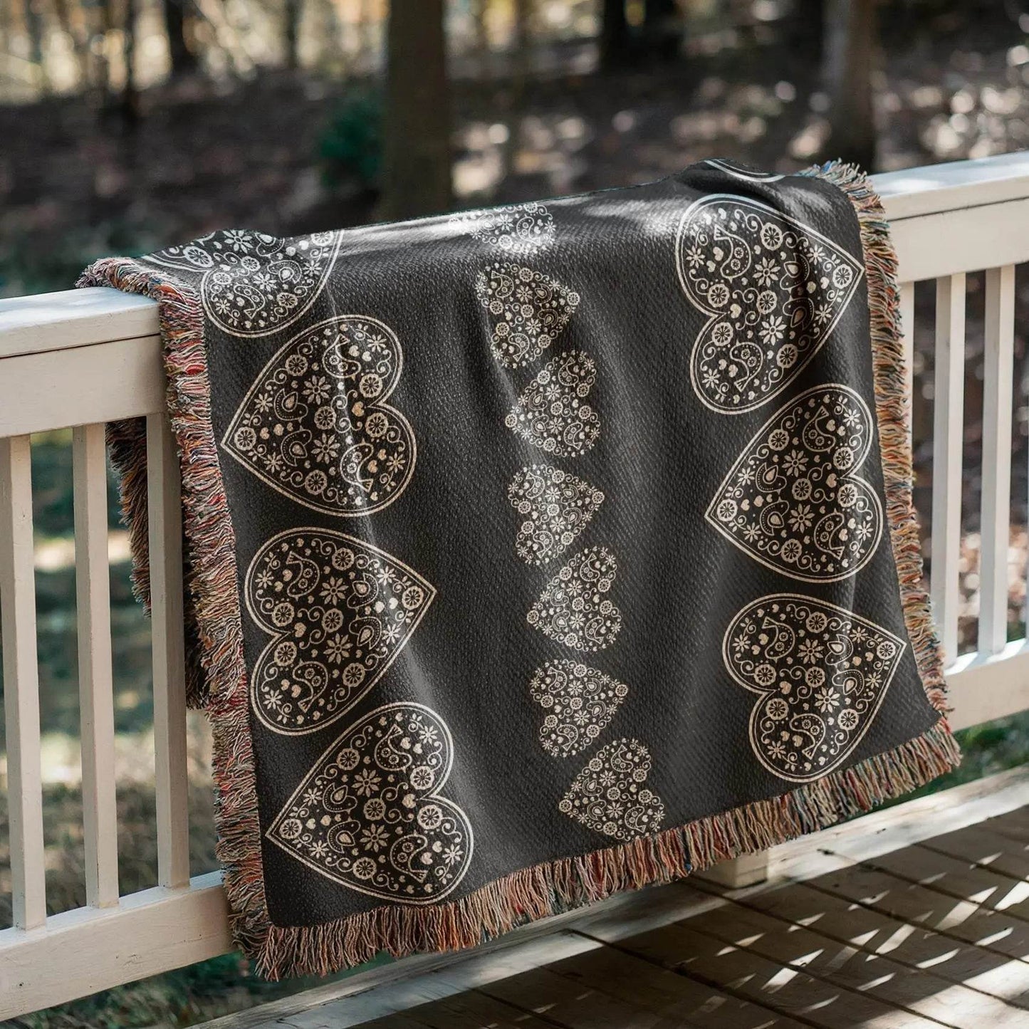 Cotton Woven Blanket – Scandinavian Throw With Scandi Hearts Pattern & Fringed Edges - timelessbohochic.com