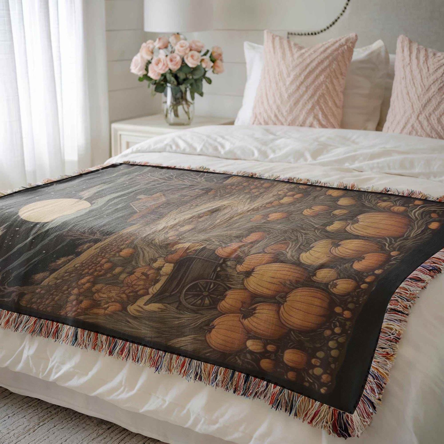 Pumpkin Patch Bedding - Harvest Season Blanket With Cotton Woven Throw & Colorful Fringed Edges - timelessbohochic.com