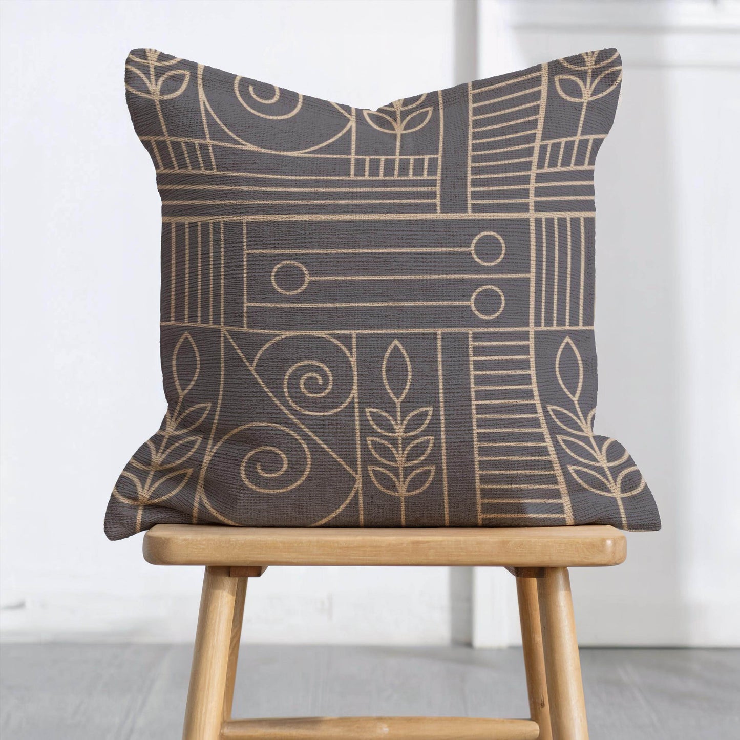Woven Cushion Cover - Dark Blue Beige Geometric Pillow with Golden Accent - timelessbohochic.com